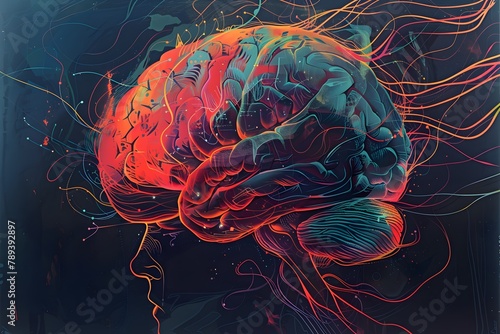 Human brain with vibrant colors on the dark background. Mental health, Neurology disease, brain health care, psychology mind card. Web, advertising photo