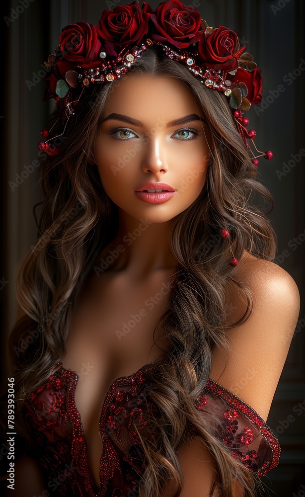 A woman with long brown hair is wearing a red dress A woman with long brown hair is wearing a red dress
