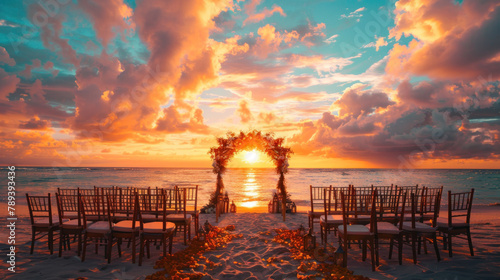 beautiful sunset beach wedding ceremony with an arch and floral decorations, surrounded by wooden chairs facing the ocean at golden hour. wedding setup on beach. creating a romantic atmosphere photo