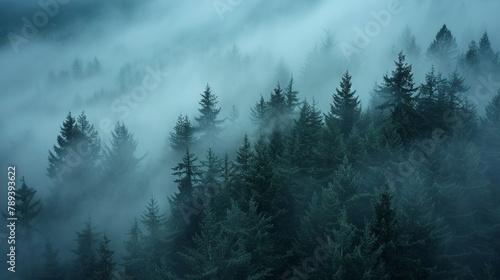 The dense fog blankets the Pacific Northwest forest, creating a mystical atmosphere in Washington State. © Kwanruethai