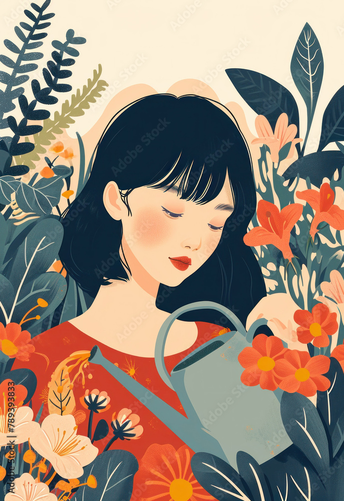 Beautiful woman watering flowers in a blossoming field with a watering can on sunny day Beautiful woman watering flowers in a blossoming field with a watering can on sunny day