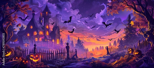 Halloween night background with a haunted house, pumpkins and bats in the sky photo