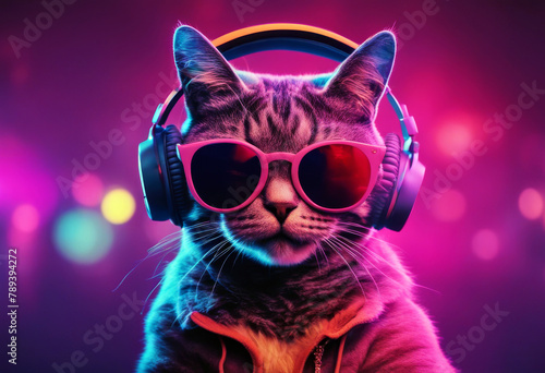 colors neon listening sunglasses Flat wallpaper Mixed 8 's fashion Music Cool 9 aesthetic cat headphones techno pop art artwork funky vibrant glowing high-coloured ai generative © mohamedwafi