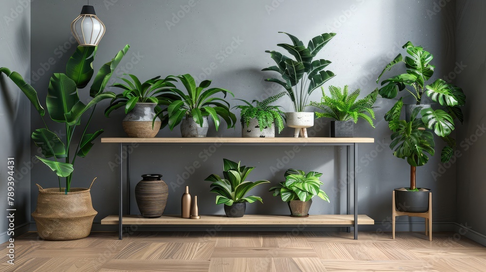 Tropical Houseplants for Trendy Home Decor. Urban Jungle with Philodendron and Chinese Evergreen in Flower Pots on Wooden Tables for Indoor Living Room Interior