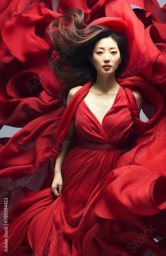 A woman in a red dress is sitting on a bed covered in red petals