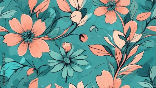 Abstract background of cyan flowers on a peach background in the style of painting. Beautiful, minimalistic print.