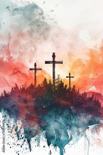 Beautiful digital watercolor artwork depicting the crucifixion of Jesus on Calvary's hill.