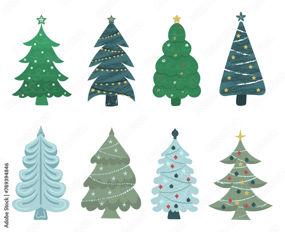 Set of cartoon Christmas trees, pines for greeting card, invitation, banner, web. New Years and xmas traditional symbol tree with garlands, light bulb, star. Winter holiday. Flat design, vector.