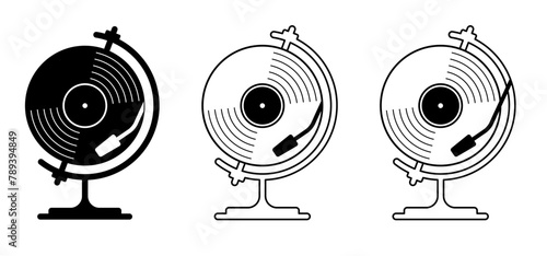 World music and globus. Vinyl or lp, record icon. dj symbol. album. Old music plate doodle. Phonograph, audio disk for turntable. Music player, analog music recording. Gramophone label and badge.
