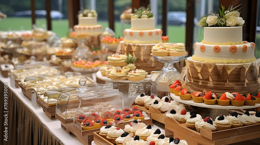 Buffet, dessert table, on the table are cakes, red date cakes, radish cakes, durian cakes, coconut cakes, cookies, puddings, bread, cocoa rolls, sandwiches, meat floss rolls