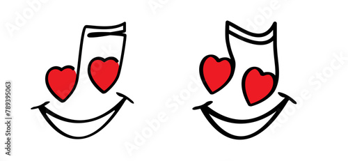 Musical note line wave with love heart and happy face. Music notes stave. Flat vector notes waves sign. Smile sign.