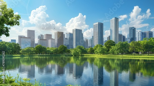 A city skyline with green spaces and parks, illustrating the integration of urban development with nature to create sustainable and livable communities.