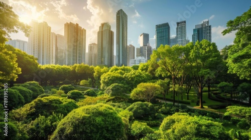 A city skyline with green spaces and parks  illustrating the integration of urban development with nature to create sustainable and livable communities.