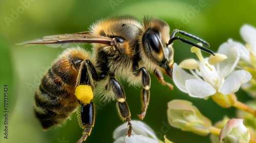 A close-up of a bee pollinating a flower, showcasing the vital role of pollinators in maintaining healthy ecosystems and biodiversity. © Plaifah