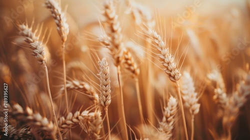 A close-up of ripe wheat ears swaying gently in the breeze, symbolizing the abundance and prosperity of grain harvests in fertile fields.