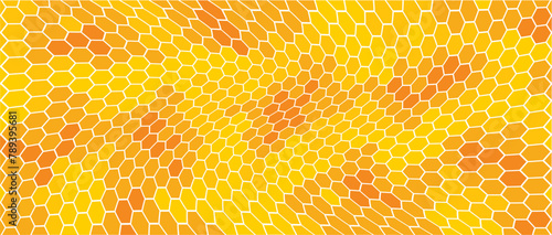 Yellow, orange beehive background. Honeycomb, bees hive cells pattern. Bee honey shapes. Vector geometric seamless texture symbol. Hexagon, hexagonal raster, mosaic cell sign or icon. Gradation color.