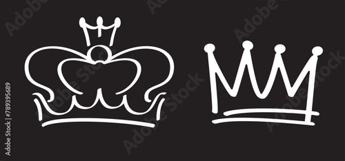 Cartoon sketch crown. Graffiti crown icon, Queen or king crowns. Royal imperial coronation symbols, monarch majestic jewel tiara icons. Prins en prinses, diadems or diamond crowns. Cap or caps logo photo