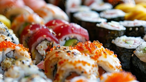 A colorful array of fresh sushi rolls with assorted fillings, soy sauce, and pickled ginger, illustrating the fusion of flavors in Westernized Japanese cuisine. photo
