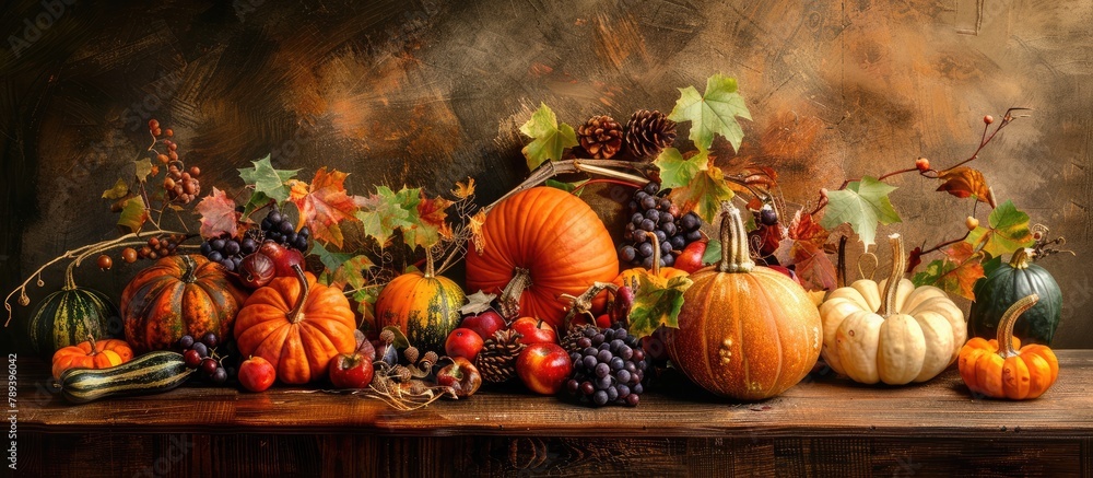 Autumnal fruits and gourds on a wooden table create a harvest or Thanksgiving atmosphere. Autumnal fruits and gourds on a wooden table create a harvest or Thanksgiving atmosphere.