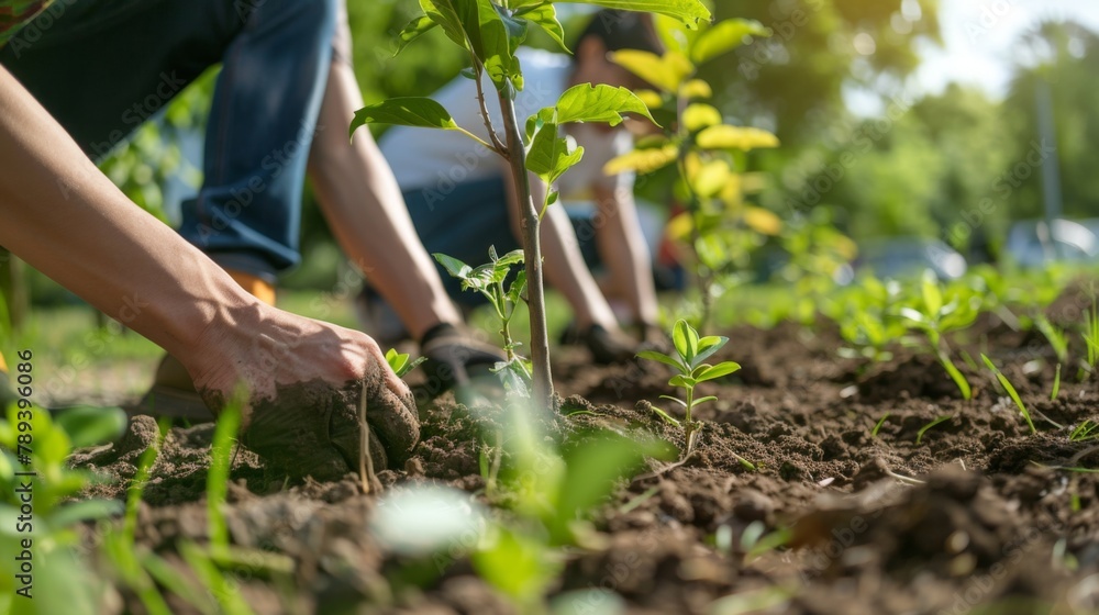 Fototapeta premium A community coming together to plant trees in a park, promoting environmental stewardship and sustainability in urban greening projects.
