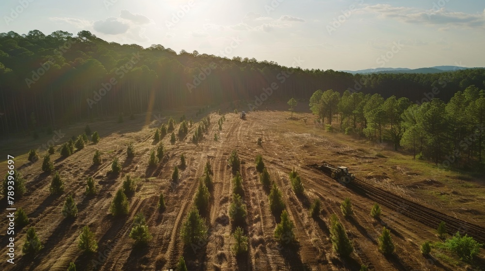 A drone aerial view of a reforestation project with workers planting trees across vast expanses of deforested land, highlighting large-scale restoration efforts.
