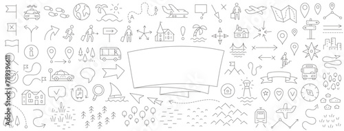 Travelers notes. Map set doodle background. Horizontal slider banner. Hand drawn. Vector editable outline stroke. Copy space.