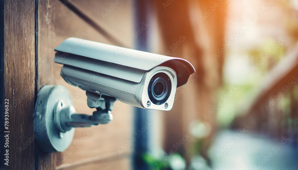 Security camera mounted on wall, blurred background, bright tone, space for caption Security camera mounted on wall, blurred background, bright tone, space for caption