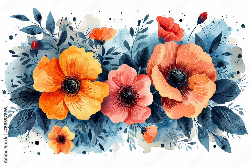 Illustration of colorful flowers. Watercoloring floral in abstract style. AI Generative. 