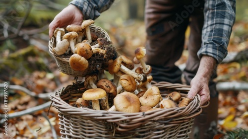 A forager collecting fresh porcini mushrooms in a wooded area, illustrating the thrill of hunting for these delectable treasures in the wild. photo