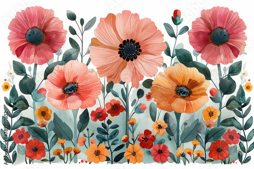 Illustration of colorful flowers. Watercoloring floral in abstract style. AI Generative. 