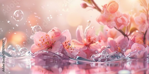 the water includes some peach blossoms flowing in the water, in the style of pinkcore photo