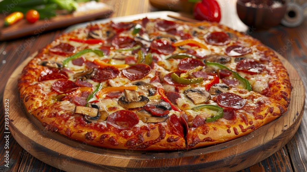 A gourmet pizza topped with melted cheese, pepperoni, mushrooms, and peppers, symbolizing the iconic and beloved fast food of the West.