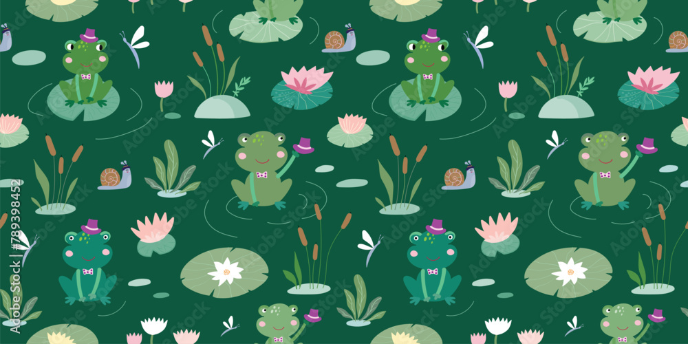 Naklejka premium Childish seamless pattern with cute frogs and waterlilies on lake, decorative kids design