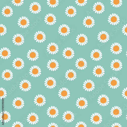 Decorative abstract seamless pattern with white daisy on blue background, decorative modern wallpaper