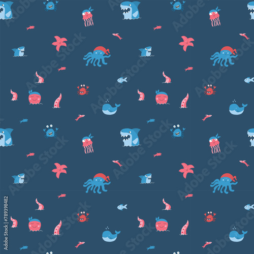 Cute shark and kraken Seamless Pattern. Cartoon sea animals and fish background. Vector illustration