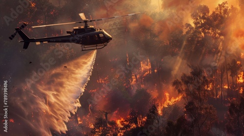 A helicopter dropping water to extinguish flames during a forest firefighting operation, demonstrating aerial firefighting techniques in action. photo