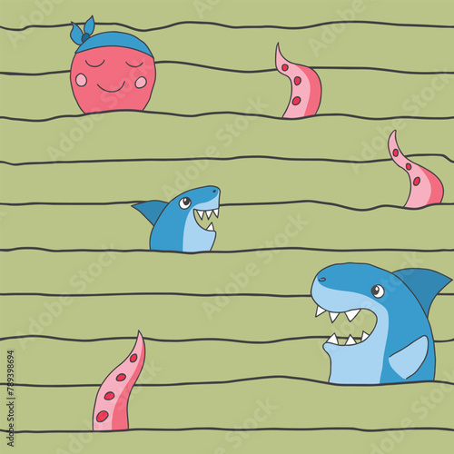 Cute shark and kraken Seamless Pattern. Cartoon sea animals and fish background. Vector illustration © saint_antonio