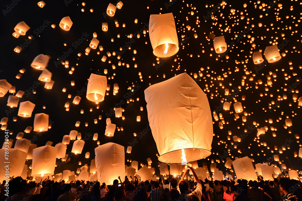 Naklejka premium Asian people releasing Chiang Mai lanterns into the sky, making a breathtaking spectacular view at the Night Sky Lantern Festival.