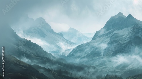 A panoramic view of a mountain range shrouded in mist, highlighting the awe-inspiring majesty of natural landscapes and the need for conservation efforts.