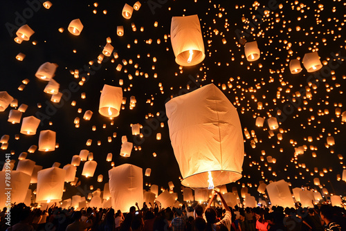 Asian people releasing Chiang Mai lanterns into the sky, making a breathtaking spectacular view at the Night Sky Lantern Festival.