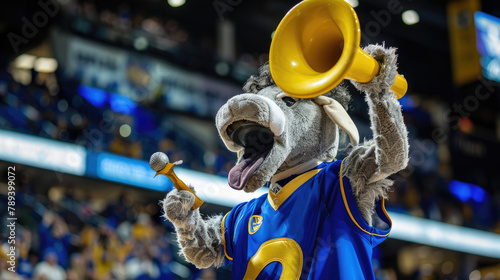 A photograph of a sports team mascot using a horn to rally fans and generate excitement at a game or event  photo