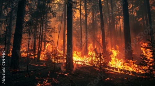 A raging wildfire spreading through dense forest, showcasing the destructive power and ecological impact of forest fires.