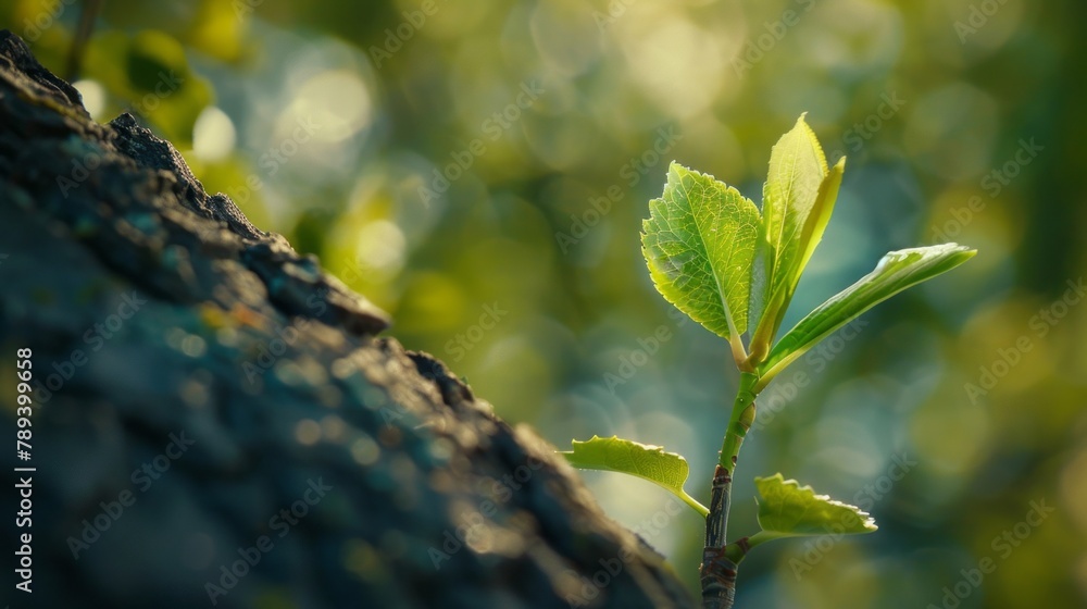 Obraz premium Regeneration from the Roots, Young Tree Sprouts from a Stump, Symbol of Resilience in a New Shoot, Nature's Phoenix , showing new generation with heredity, conceptual image