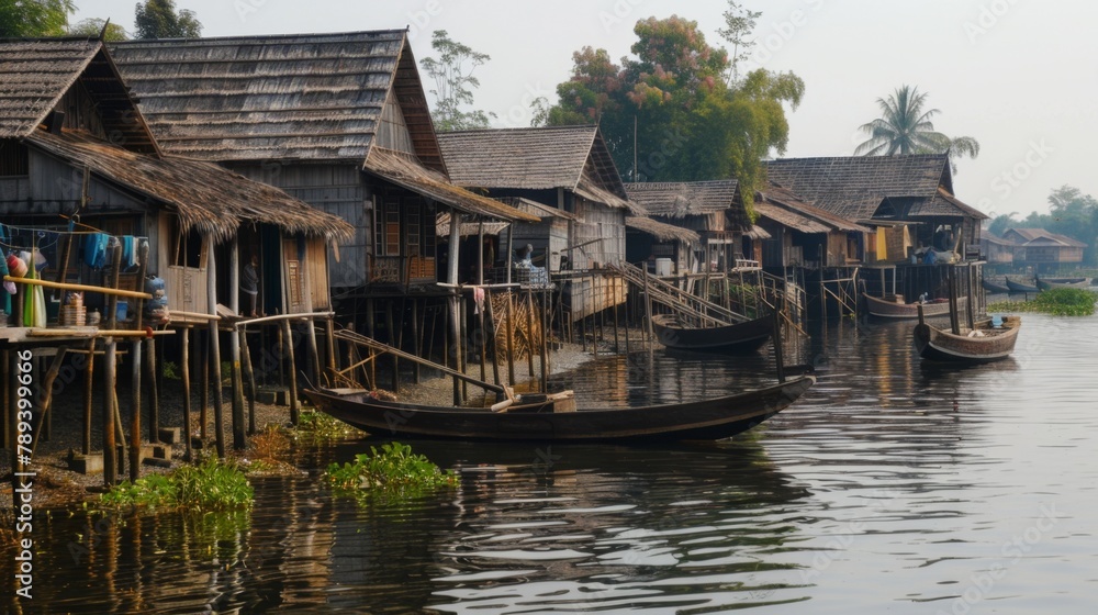 A riverside village with traditional wooden houses and fishing boats, showcasing the intimate connection between human communities and rivers.