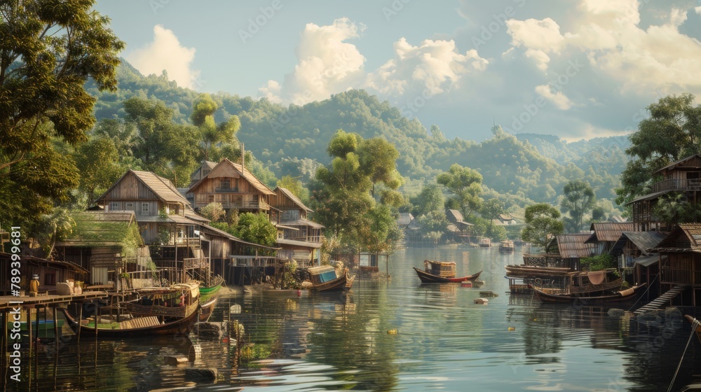 A riverside village with traditional wooden houses and fishing boats, showcasing the intimate connection between human communities and rivers.