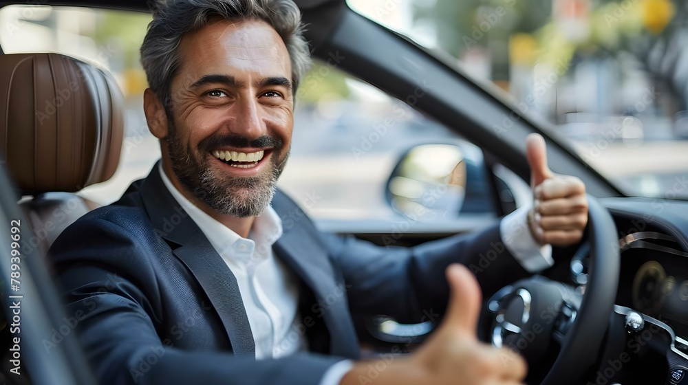 Cheerful Executive Enjoying Ride in Stylish Car. Concept Luxury Lifestyle, Executive Portrait, Car Photoshoot, Business Casual Outfit, Smiling Professional