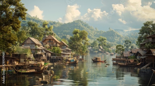 A riverside village with traditional wooden houses and fishing boats, showcasing the intimate connection between human communities and rivers. © Plaifah
