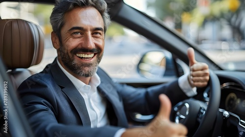 Cheerful Executive Enjoying Ride in Stylish Car. Concept Luxury Lifestyle, Executive Portrait, Car Photoshoot, Business Casual Outfit, Smiling Professional