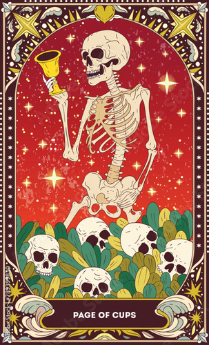 Page of Cups A tarot card in bohemian tones in a modern style in the form of a skeleton. Modern map illustration, minimalistic cartoon skeleton, simple vector drawing