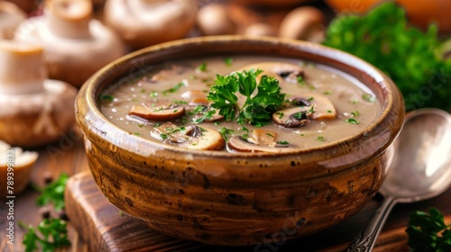 A rustic mushroom soup served in a ceramic bowl, garnished with porcini slices and fresh parsley, evoking comfort and warmth on a chilly day.